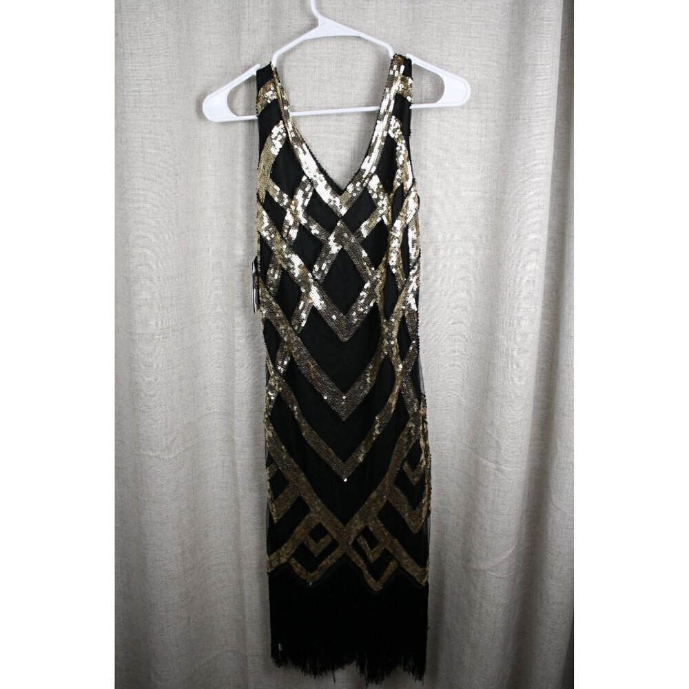 Sequin Flapper Dress with Fringe, Black & Gold Size Small NWT